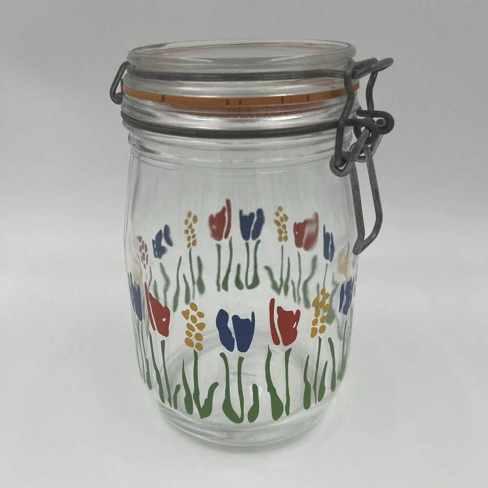 1 L Arc France Glass Canister Jar Tulip Floral‎ Hinged Lid